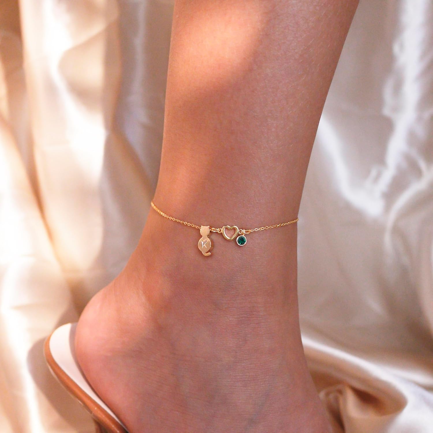 Cute Cat Anklets with Initial Birthstone Heart Cat Design Adjustable Anklet Bracelets Perfect jewelry for Cat Lovers