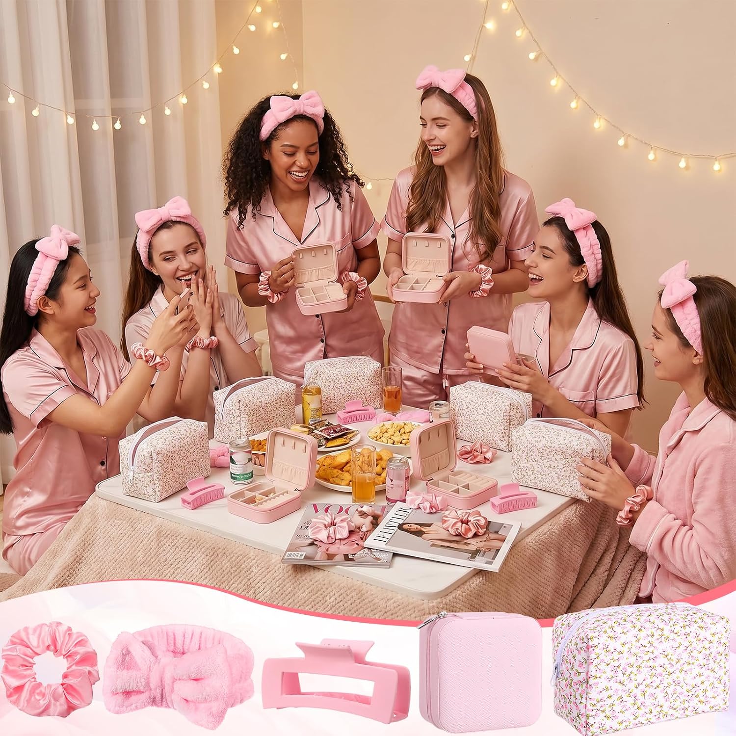 Tallew 30 Pcs Bridesmaid Proposal Gifts Bridal Shower Wedding Gift Set of 6, Cosmetic Makeup Bag, Jewelry Box, Hairband, Scrunchie, Hair Clip Bachelorette Party Return Gift for Women(Pink Flower)
