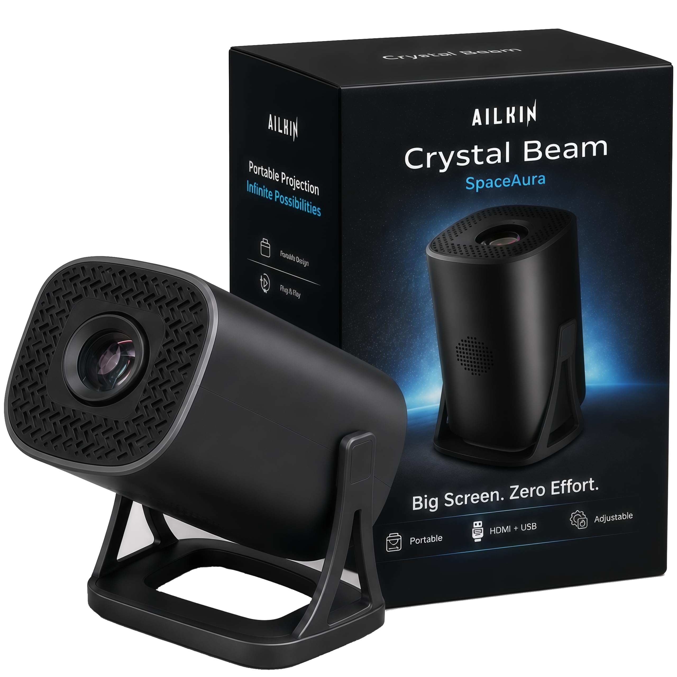 ailkin smart projector with android 14, wifi6 & bluetooth 5.0, 500 ansi portable hd 720p projector, 4k supported, 120" display, 8w speaker, screen cast for home theater & gaming