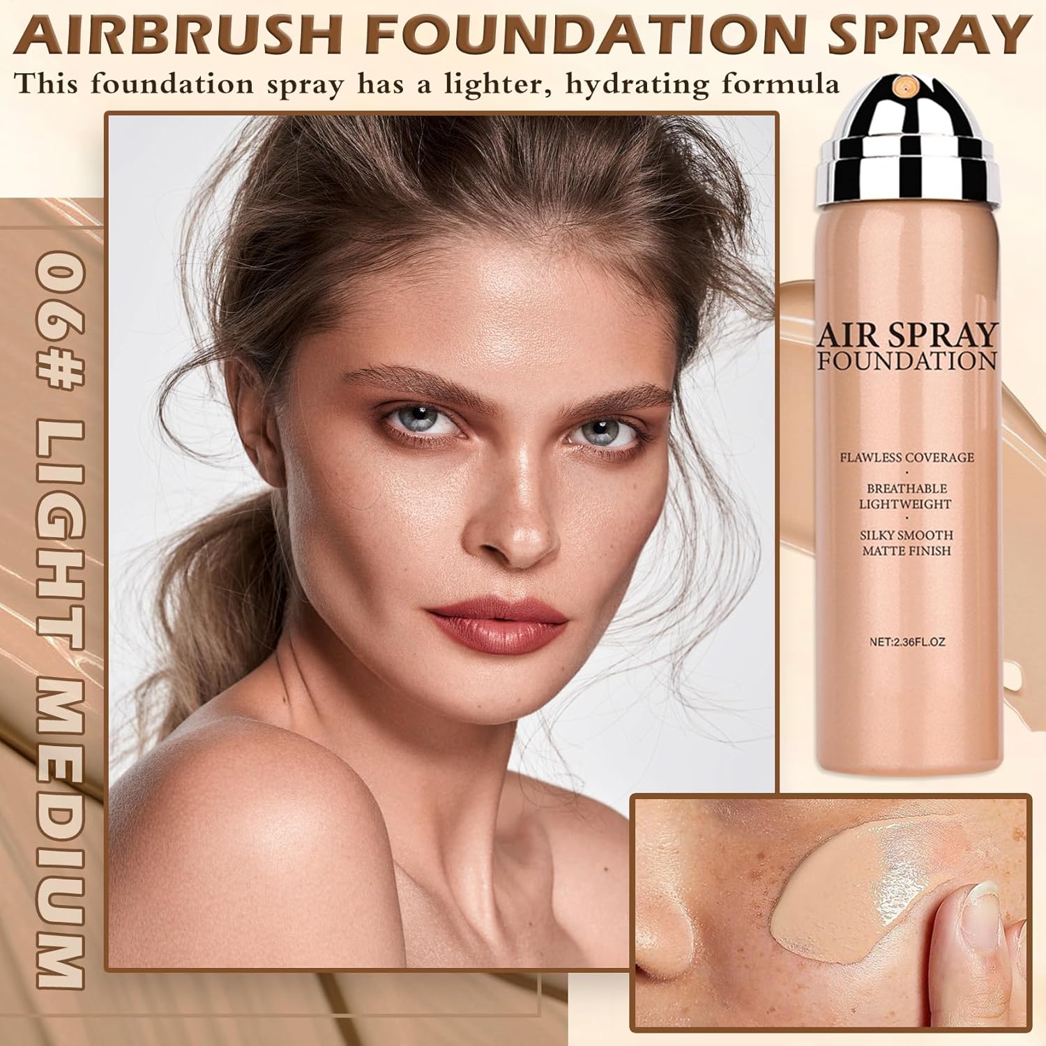 AIUEO Magic Minerals Airbrush Foundation Makeup Silky Mist Spray Foundation Makeup Airbrush Flawless Setting Spray Foundation for Mature Skin-06 Light Medium - Image 2