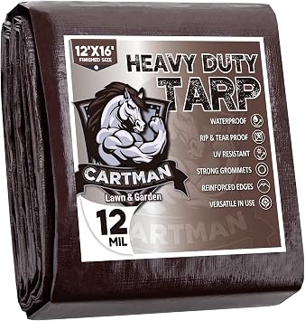CARTMAN 12x16Ft Heavy Duty Waterproof Poly Tarp Cover 12 Mil, Brown/Black