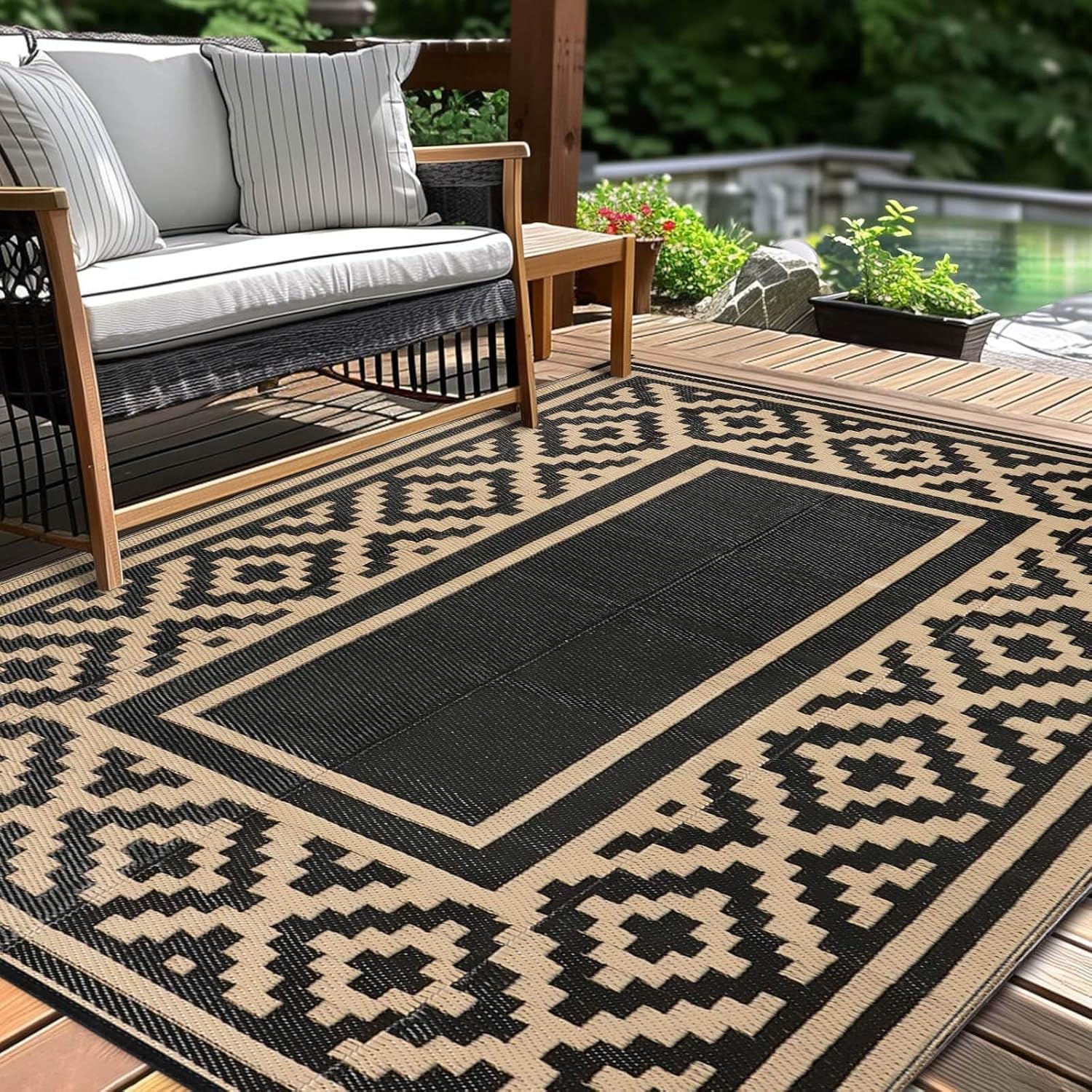 Outdoor Patio Plastic Straw Rug - 6x9 ft Outdoor Camping Rug Waterproof Reversible, Area Carpet Patios Clearance RV, Outside Porch Balcony Deck for Camper, Black & Grey