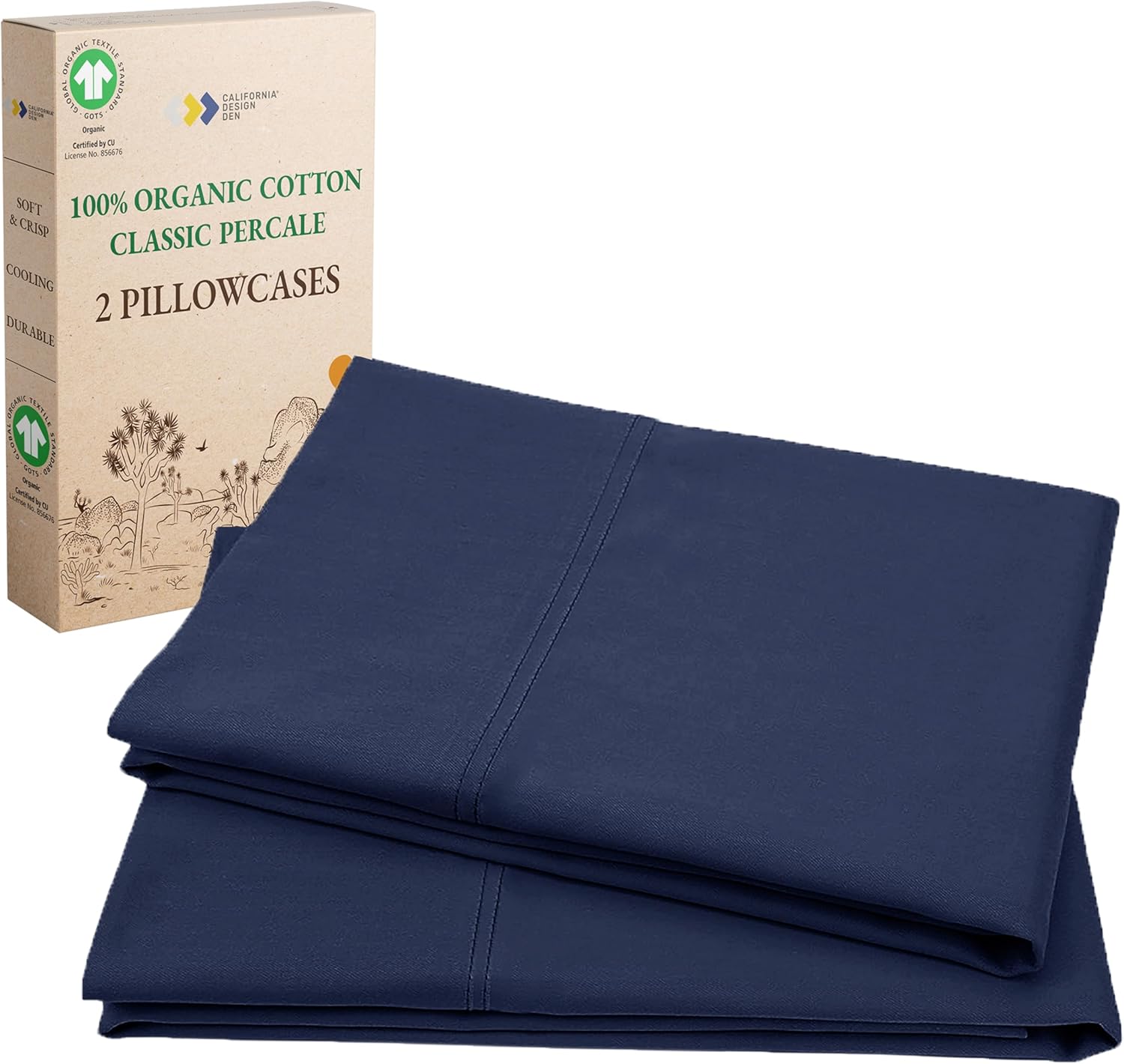 California Design Den 100% Organic Cotton Pillow Cases Standard Size/Queen Size, Set of 2, Soft & Cooling, Percale Weave Cotton Pillowcases (Navy)
