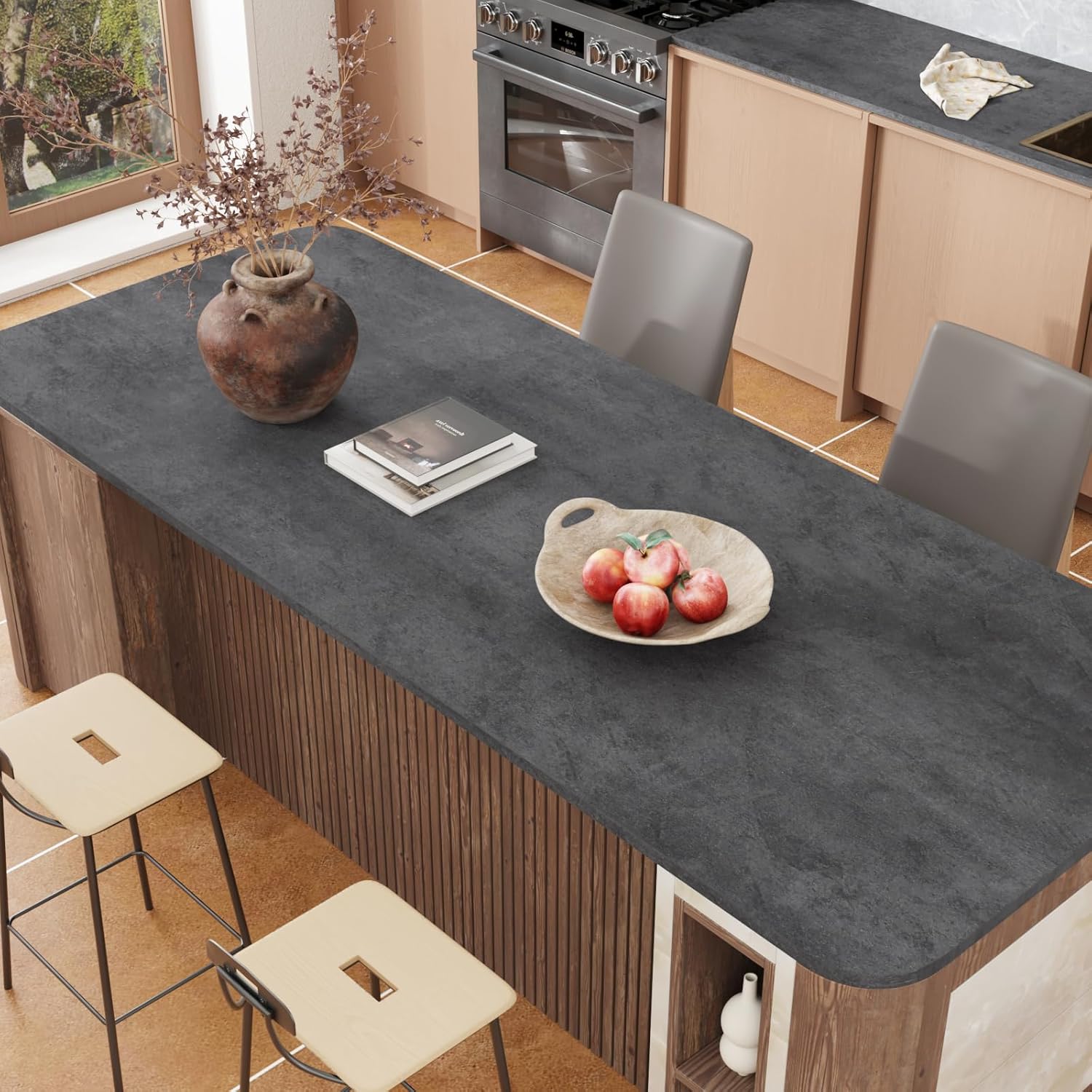 CRE8TIVE 24"x708" Large Size Concrete Wallpaper Dark Grey Peel and Stick Cement Contact Paper Waterproof Removable Extra Thick Vinyl Paper Roll Industrial Texture Interior Film for Countertop Cabinet