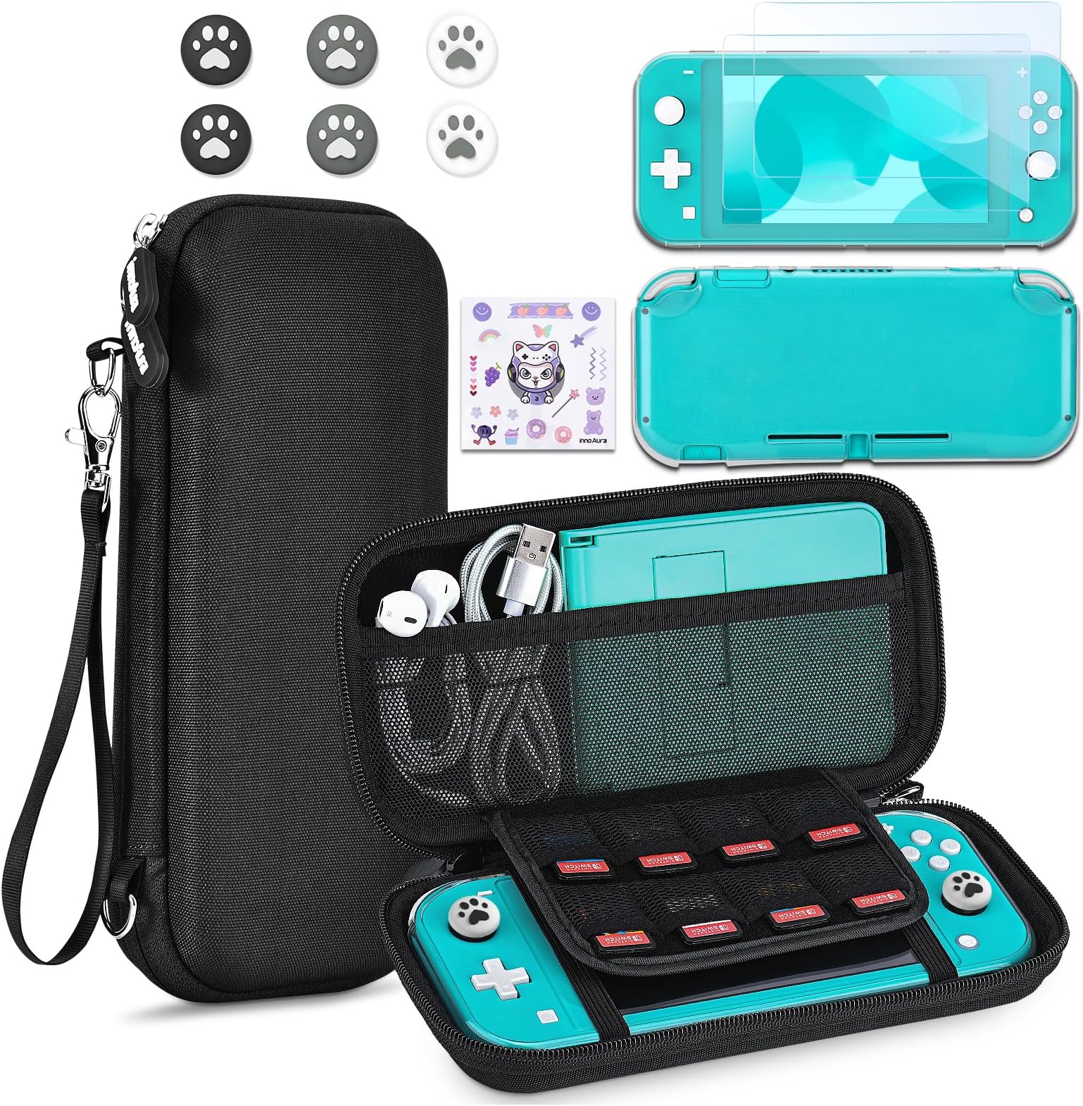 innoAura Switch Lite Case 12-in-1 Accessories Bundle for NS Switch Lite (2019), with Protective Carrying Case, Hand Strap, Screen Protector & Cute Thumb Grips, Black