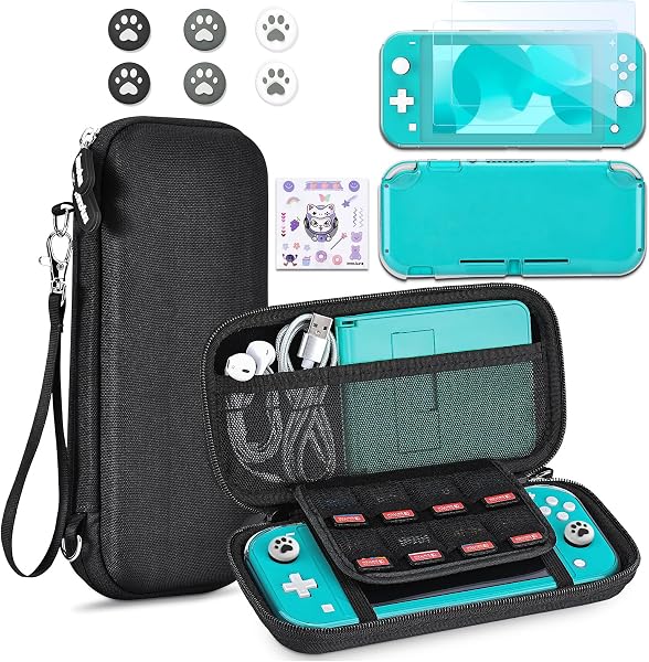 innoAura Switch Lite Case 12-in-1 Accessories Bundle for NS Switch Lite (2019), with Protective Carrying Case, Hand Strap, Screen Protector & Cute Thumb Grips, Black - 1