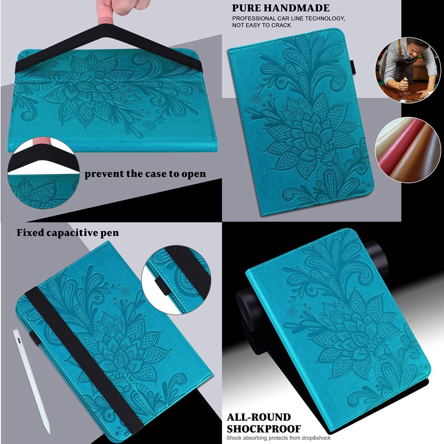 for Kindle Fire HD 8 Case 8th/7th/6th Generation (2016/2017/2018) with Stand/Pencil Holder/Pockets [Auto Wake/Sleep] Magnetic Smart Embossed Floral PU Leather Shockproof Cover, Blue Flower