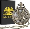 Keller & Weber Vintage Pocket Watches for Men, Quartz FOB Pocket Watch with Chain, Gifts for Men, Valentines Gifts, Birthday Christmas Gifts, Gift Box and Card