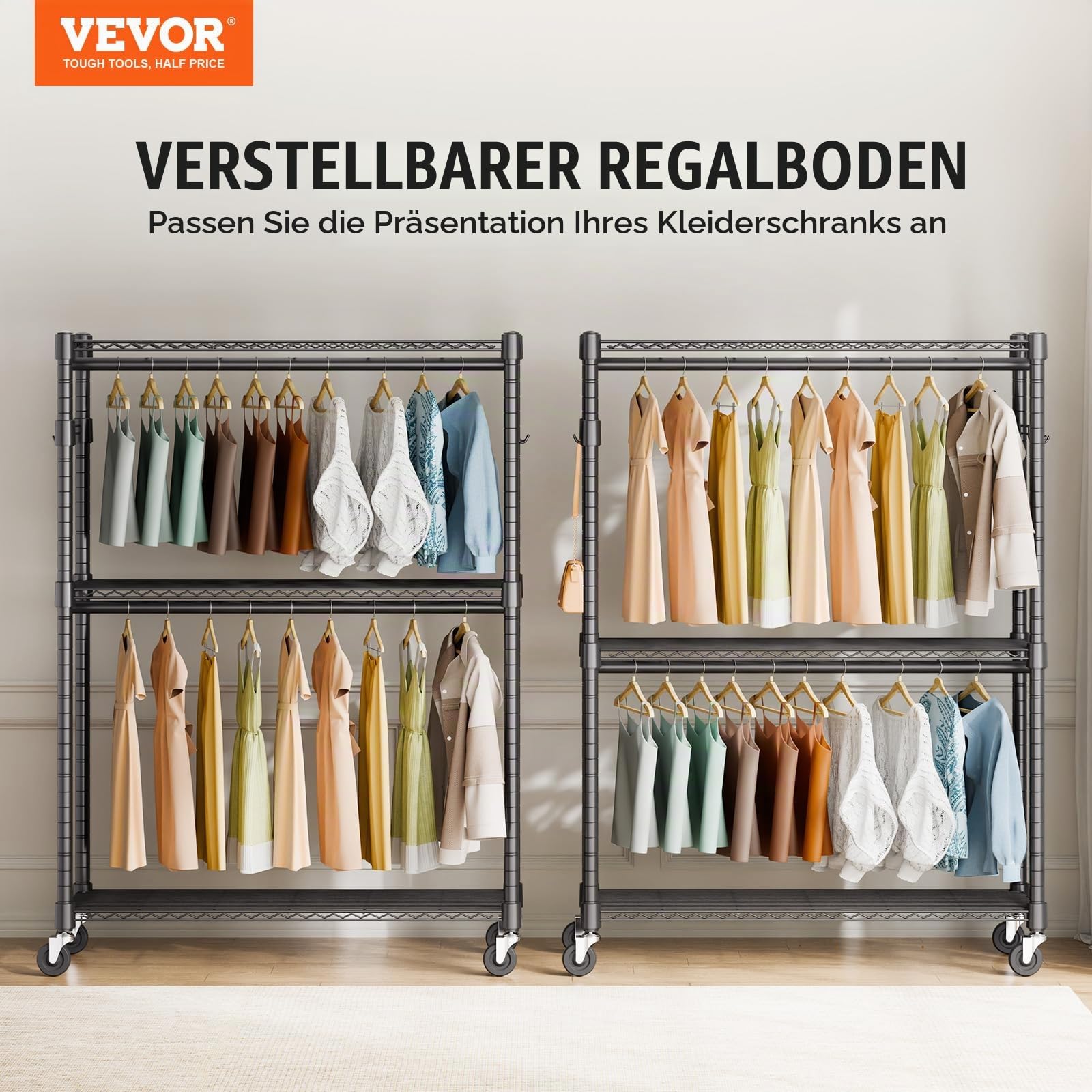 VEVOR 3-lagiger Rollbarer Kleiderständer Garderobenständer Kleiderstangen, 204 cm Höhe Stahl Kleiderständer 182 kg Belastbar, Strapazierfähig Ständer für Schlafzimmer, Wäscheraum, Ankleidezimmer usw.