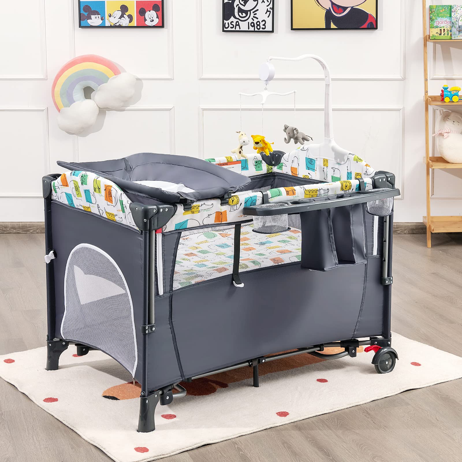 RELAX4LIFE 5 in 1 Lettino Neonato con Materasso, Culla da Campeggio con Fasciatoio e Cintura di Fissaggio, Altezza Regolabile in 4 Livelli, Adatto a Bambini da 0 a 36 Mesi,125 x 66 x 78 cm (Grigio)