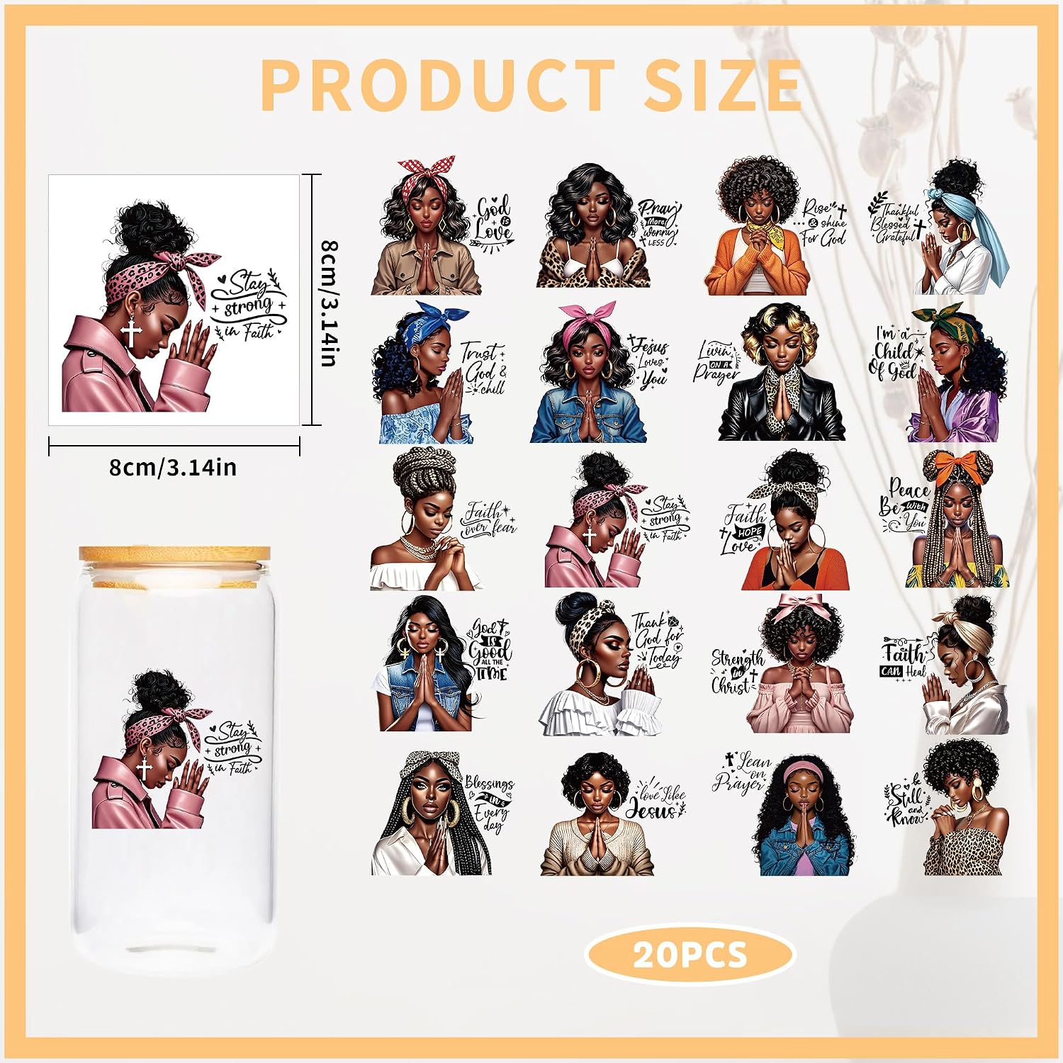 Black Girl UV DTF Cup Wraps - 20 Sheet Pray UV DTF Transfer Decals, Black Girl UVDTF Cup Wraps for Glass, Inspirational Waterproof Transfer Sticker, DIY Crafts for Women
