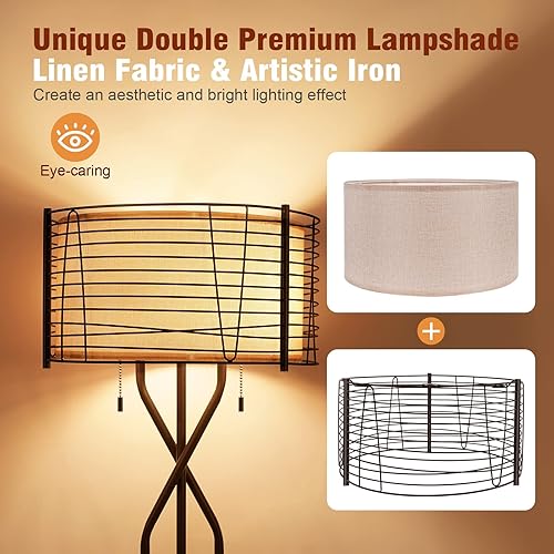 Miniatura 2 de Lámparas de pie para sala de estar con pantalla de doble tambor lámpara de pie industrial de granja 65 pulgadas de alto tela de arpillera de hierro