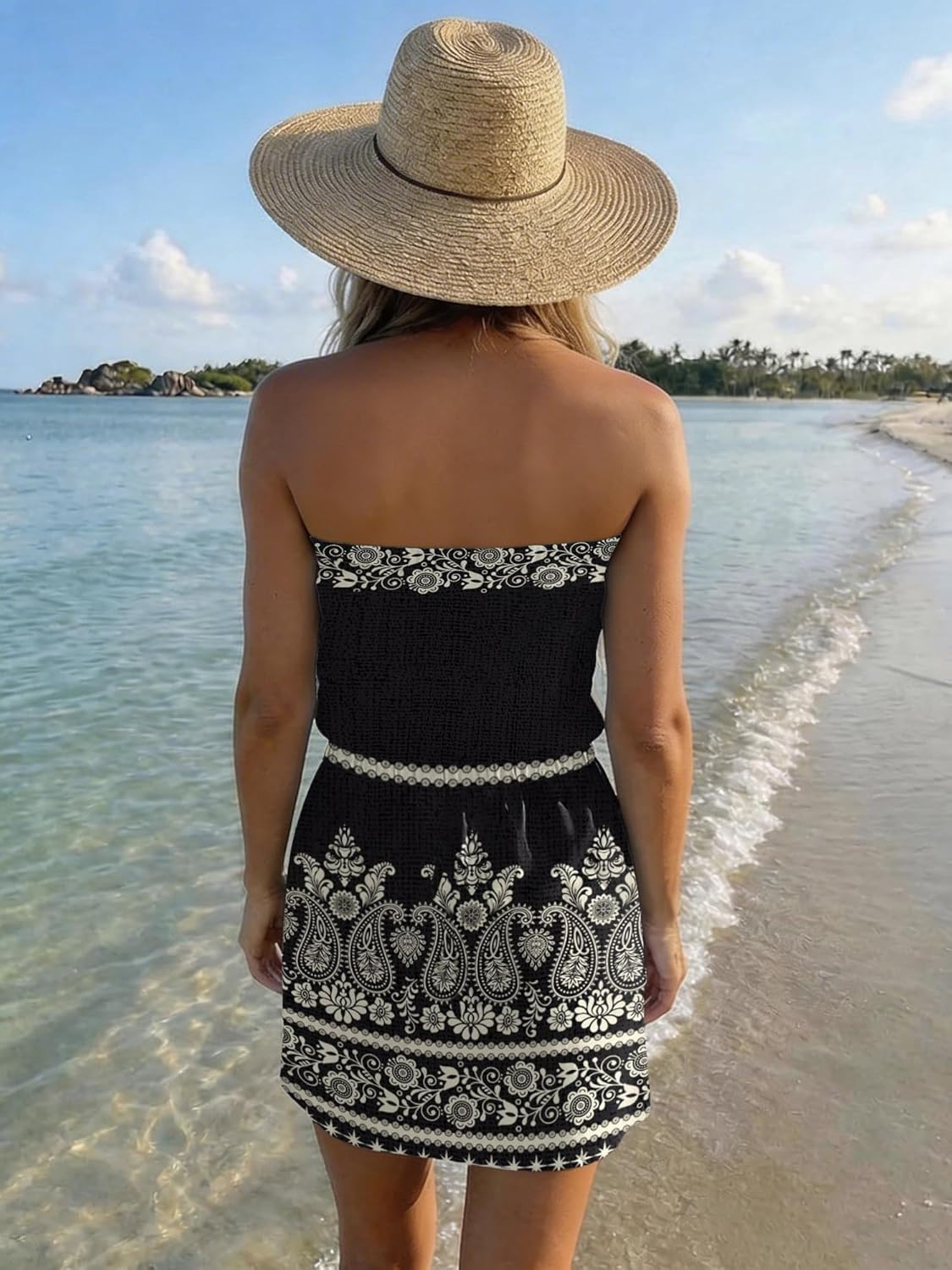 Summer Dress for Women Strapless Beach Cover Ups Boho Sundress Mini Dress Drawstring Waist with Pockets
