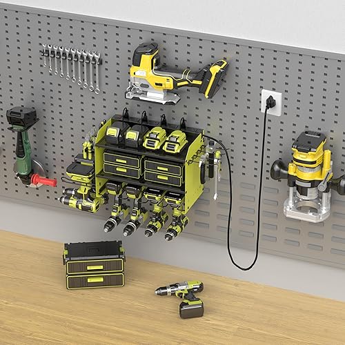 Miniatura 6 de Luffioner Estante de almacenamiento para taladros, organizador de herramientas eléctricas, soporte de pared, organizador de taladro para garaje,