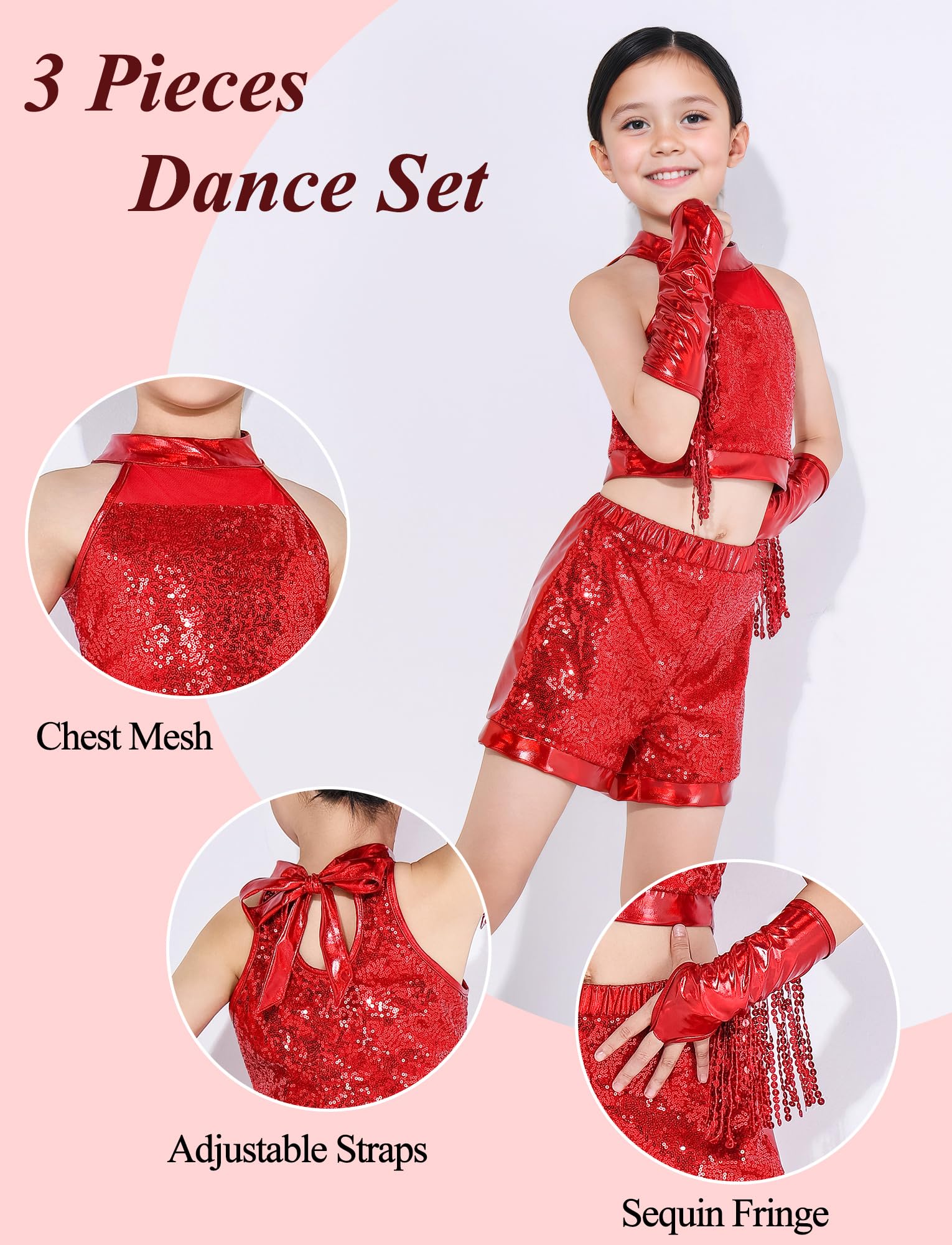 SEAUR Camiseta corta metálica con lentejuelas para niñas, conjunto de baile de ballet, hip hop, jazz, camiseta corta brillante sin mangas para niños, rumba, hip hop, trajes de muñequeras
