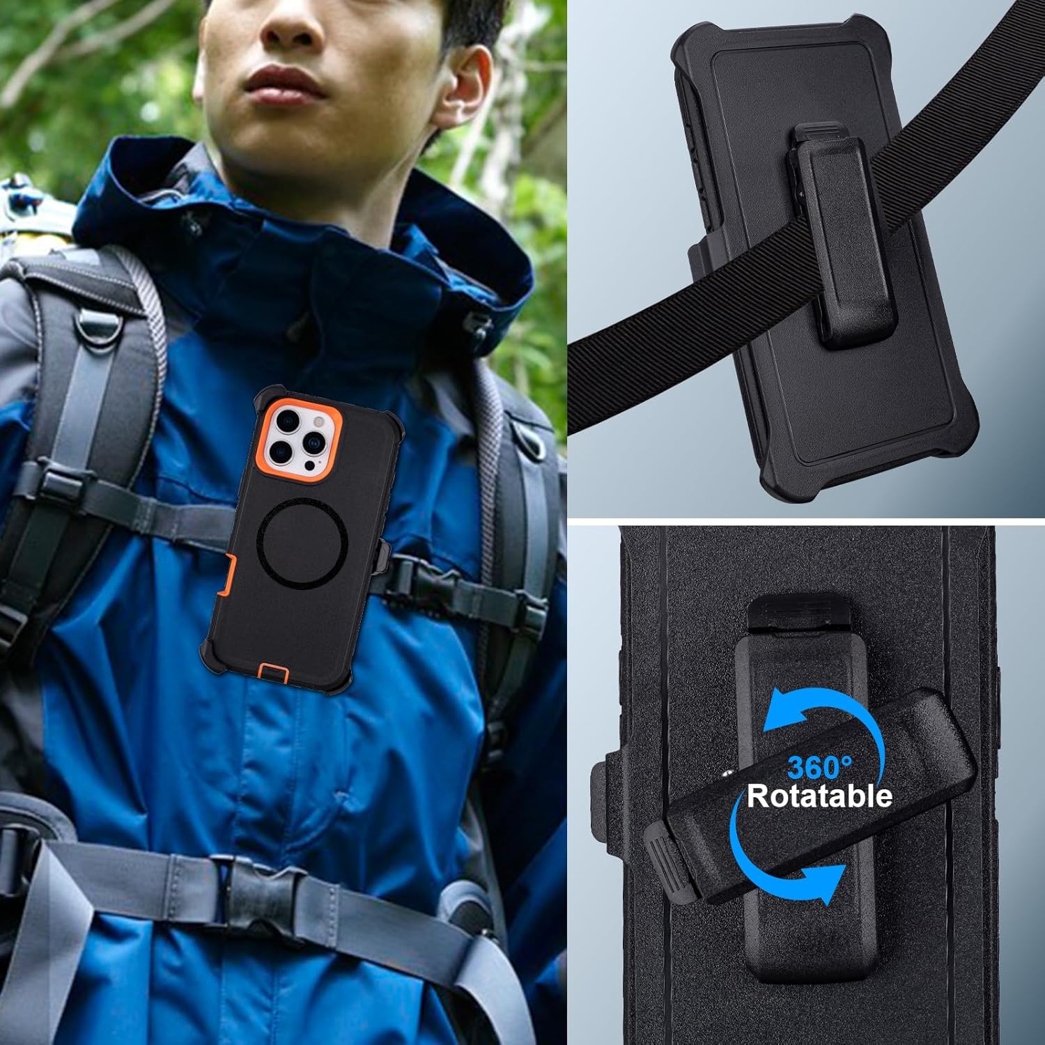 for Defender iPhone 16 Pro Max Case with Belt Clip Holster, [Compatible with MagSafe] 3-Layer Heavy Duty Military Grade Drop Protection, Rugged Protective Case for iPhone 16 Pro Max (Black+Orange)