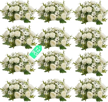 12 PCS Artificial Peony Daisy Bouquet, White Silk Fake Flowers with Peonies, Daisies and Chrysanthemum Buds, Faux Floral Arrangement for Home Decor, Wedding Centerpieces and Table Vase Decoration
