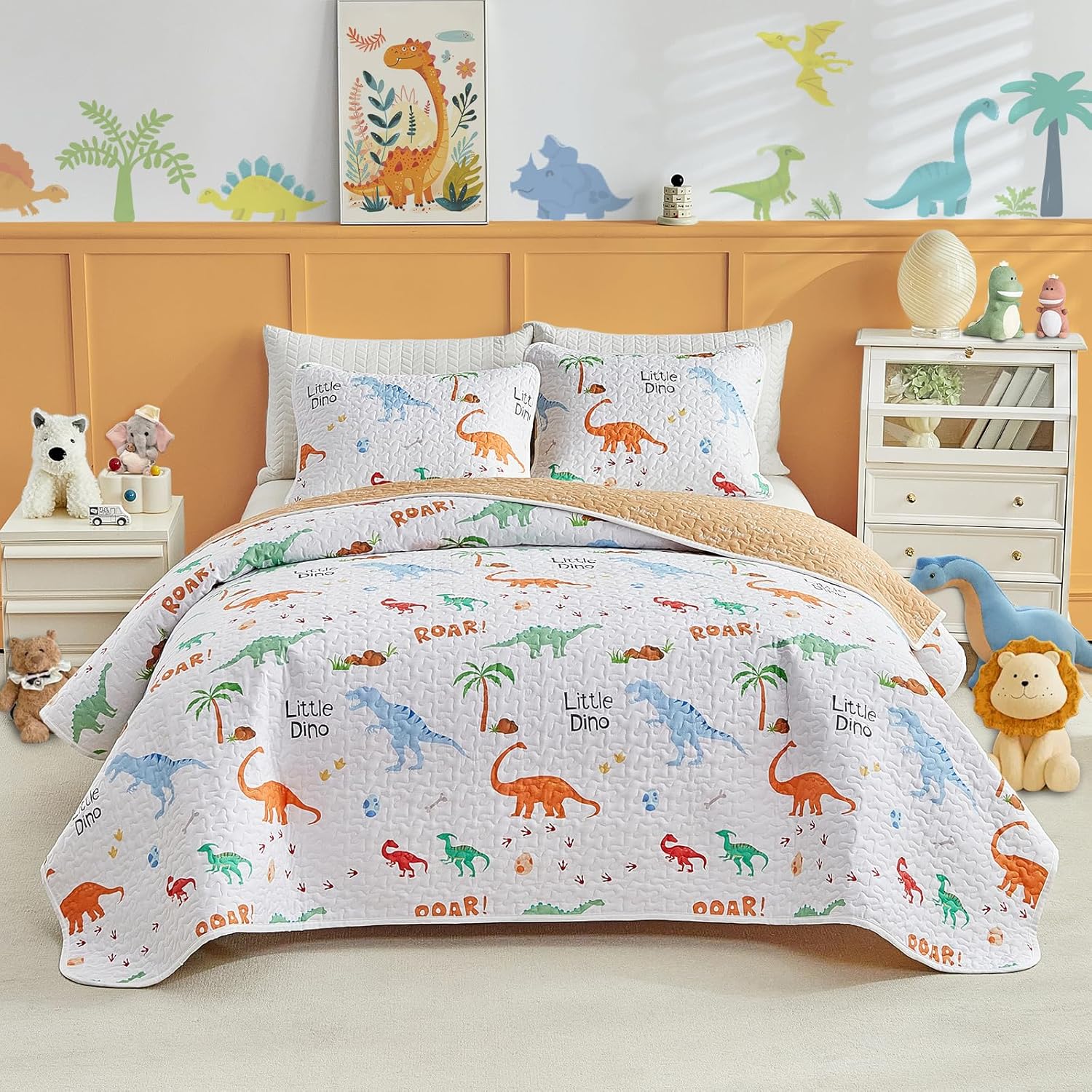 Joyreap 2 Pieces Twin Size Cotton Quilt Set, Colorful Dinosaurs Design, Cozy Lightweight Bedding Set Quilt Bedspread Bed Cover for for Kids Boys n Girls- 68x86 inches