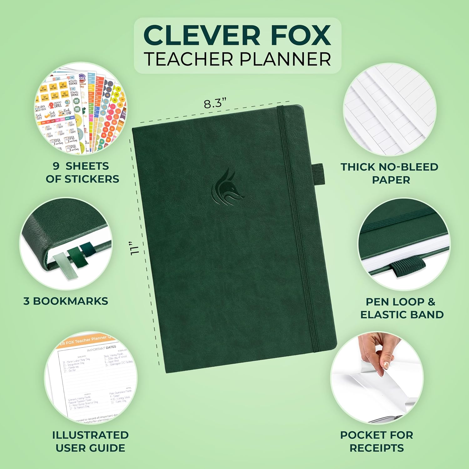 Clever Fox Teacher Planner – School Year Planner with Calendars & Lesson Plans – Book for Classroom & Homeschool Organization, A4 (Dark Green)
