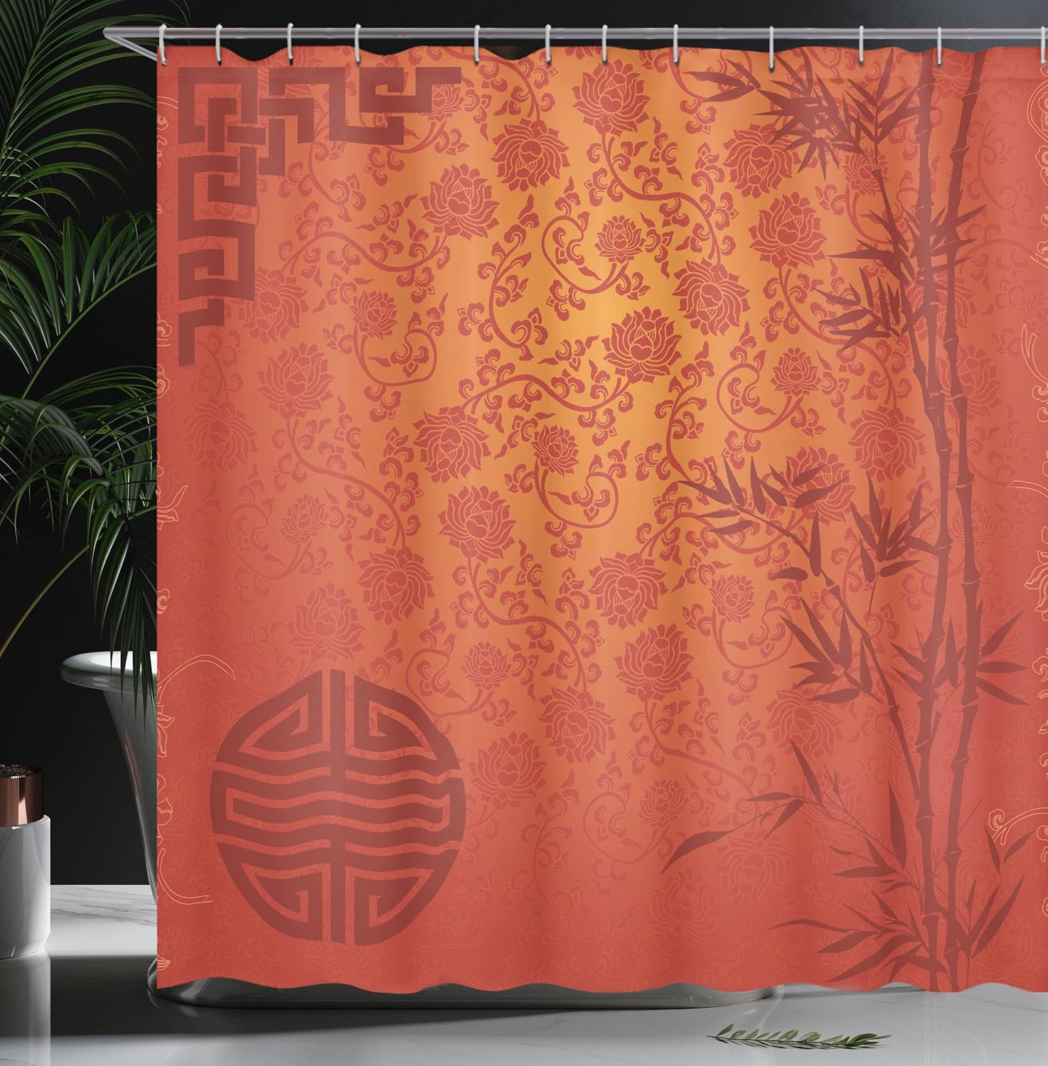 Ambesonne East Shower Curtain, Eastern Scenery with Branches Traditional Chinese Print, Cloth Fabric Bathroom Decor Set with Hooks, 69" W x 70" L, Pale Orange Burgundy