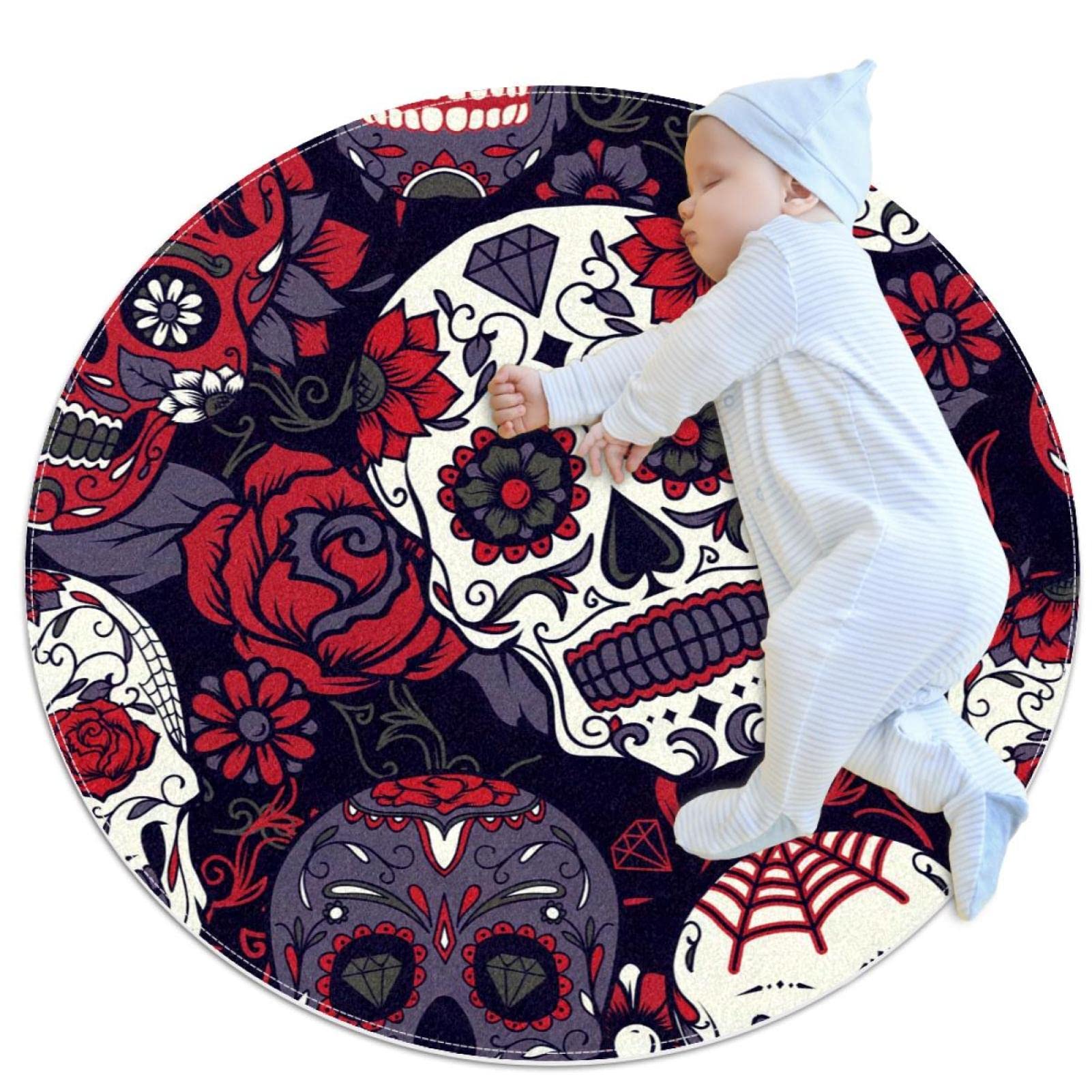 Tapis de sol crâne et fleurs rond pour réveiller la déco du salon