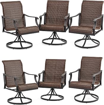 MELLCOM Patio Wicker Swivel Chair Set of 6, Heavy Duty Outdoor Dining Chair with 23.5 High Back, Extra-Large Water-Fall Seat, Rattan Porch Gentle Rocker for Outside, Backyard, Garden