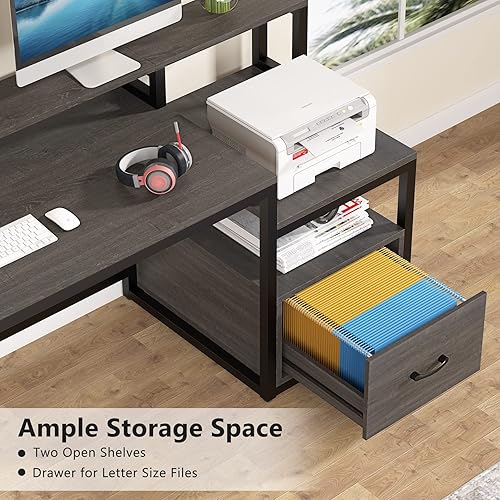Miniatura 5 de LITTLE TREE Escritorio de computadora de 60 pulgadas, mesa grande de escritorio para oficina en casa con estantes de almacenamiento y cajón de