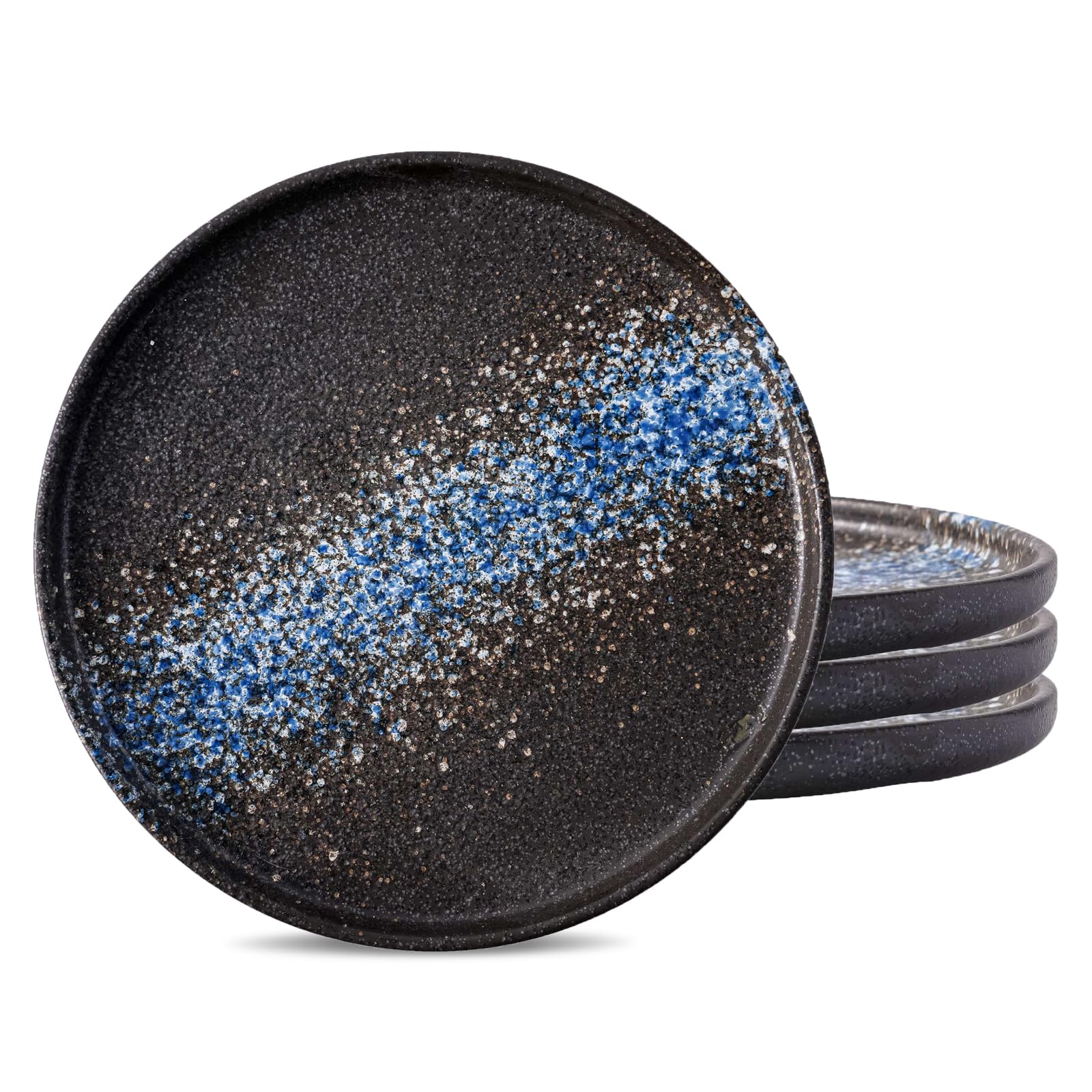 DealbyBox 8Inches Round Ceramic Flat Dinner Plates Set of 4, High Edge Dish Set - Microwave, Oven, and Dishwasher Safe, Modern Restaurant Dinnerware - Rustic Brown/Blue