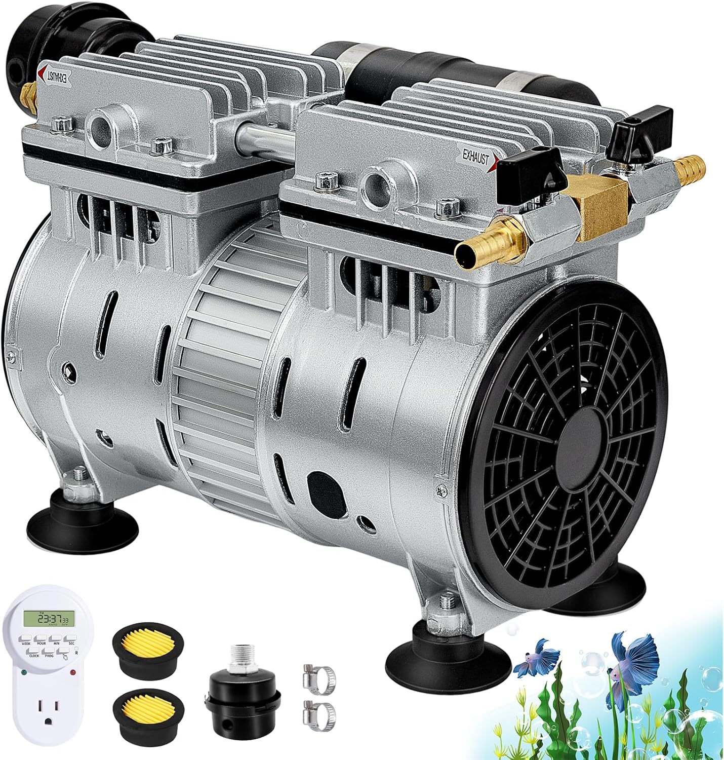 Pond Aerator, 3/4 HP Compressor for Up to 3 Acres, Dual Adjustable Outlets, Timer, Valves. Bubbler Up to 60 Feet Deep, Pond Aerators/Pond Pumps for Outdoor Ponds