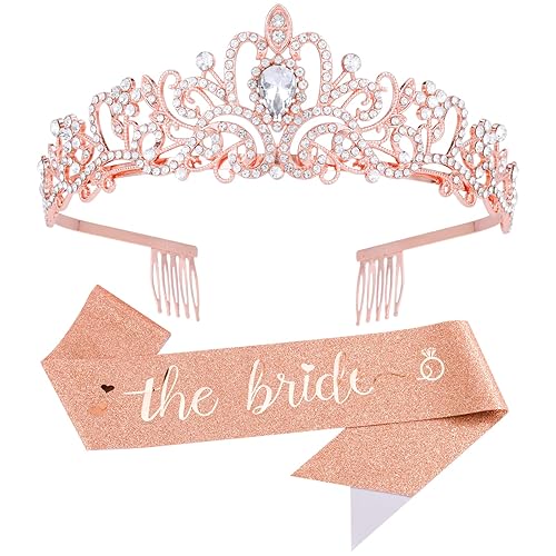 Kit de banda de despedida de soltera + corona de novia, CIEHER para decoración de despedida de soltera, oro rosa, decoración de despedida de