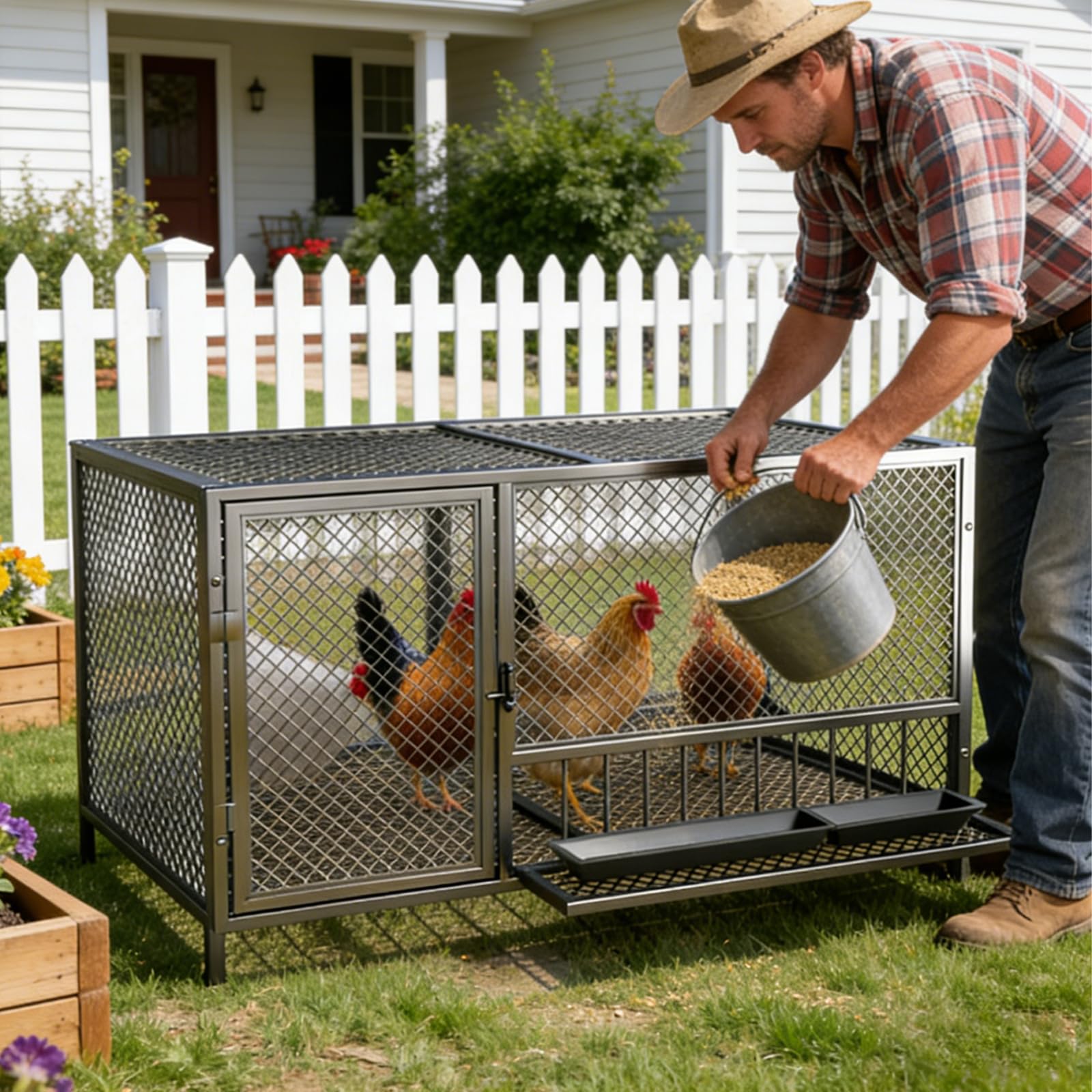 Gallinero Exterior De Metal para Jardín, con Puerta con Cerradura Y Compuerta De Alimentación; Capacidad para 6 A 15 Gallinas. Fácil Montaje. Jaula Exterior para Aves De Corral, Pat Black 120×60×62cm