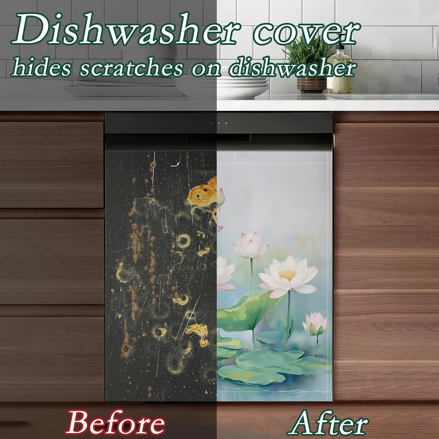 Dishwasher Cover,White Lotus Reusable Dishwasher Magnet Cover,Decorative Summer Flower Magnetic Refrigerator Cover Front Panel Cover for Kitchen Decor 23x26 Inch image 5