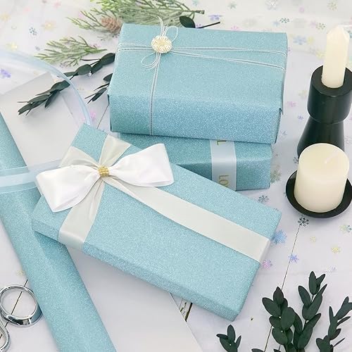 Miniatura 4 de Blavermant Mini rollo de papel de regalo con purpurina, 17 pulgadas x 33 pies, papel de regalo cian perfecto para bodas, cumpleaños, Navidad, baby
