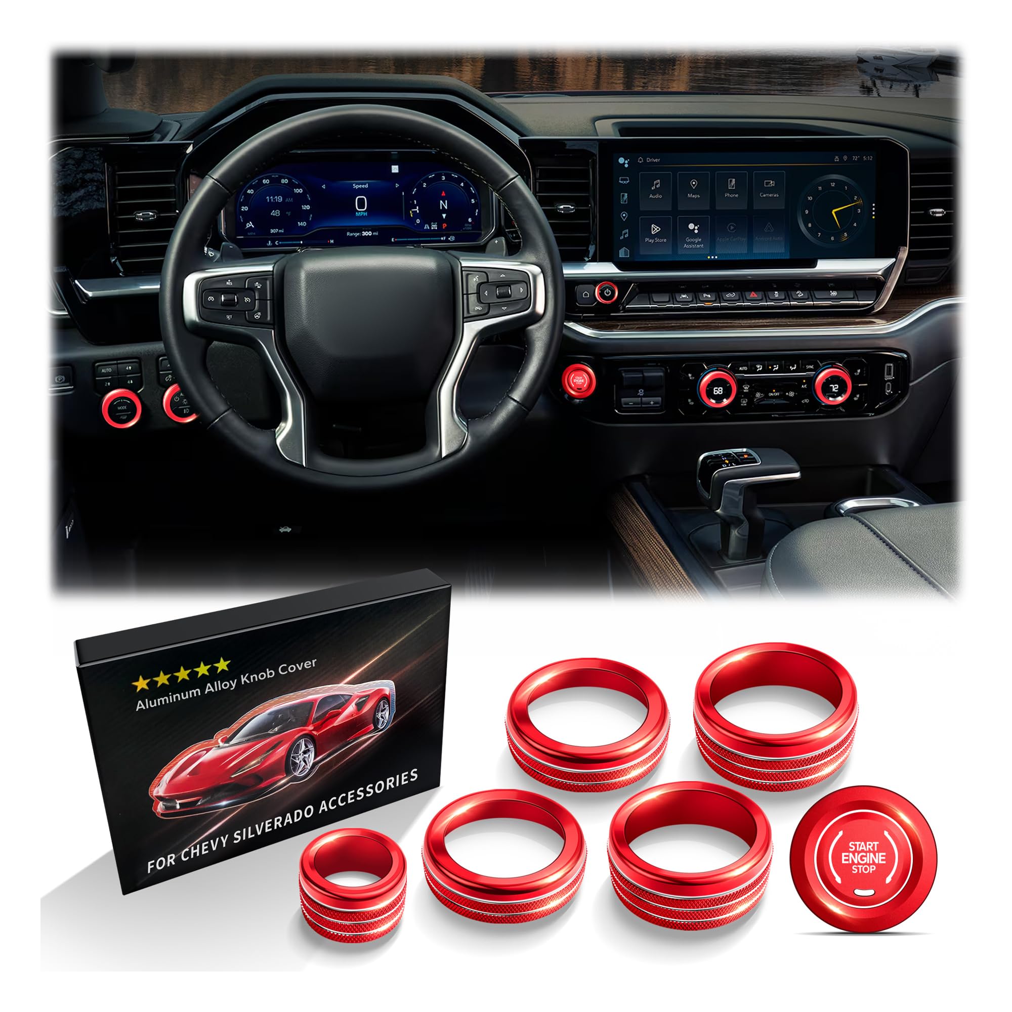 Polodunn for 2022-2025 2026 Chevy Silverado 1500 Accessories &amp; 2024-2026 Chevrolet Silverado 2500HD/3500HD, 7pcs Aluminum Alloy Knob Cover Trim Kit (Red) - Push Start, AC, Volume, Headlight &amp; Mode