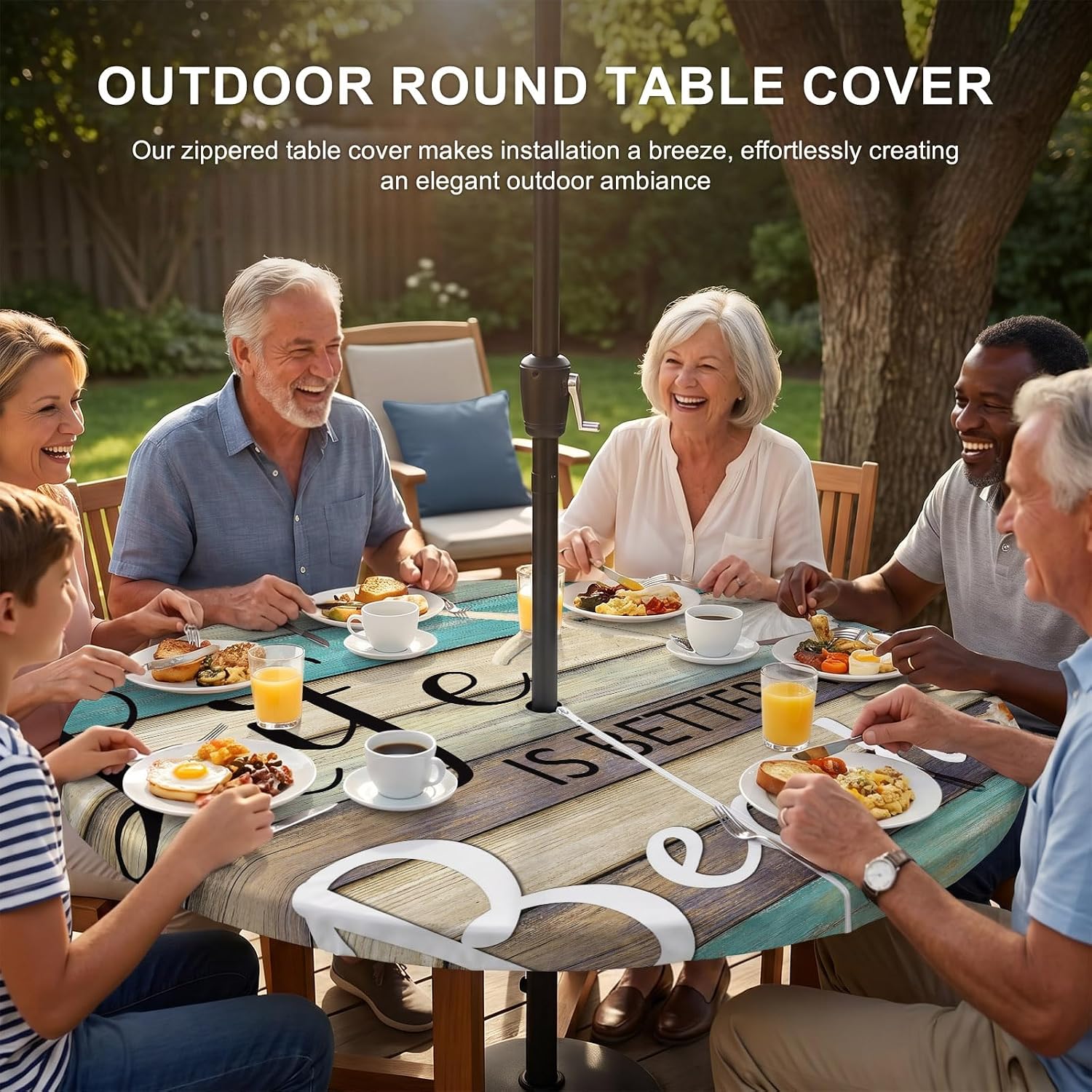 Coastal Starfish Waterproof Outdoor Tablecloth with Umbrella Hole and Zipper,Round Fitted Table Covers with Elastic,Farmhouse Nautical Conch Seashell Wood Patio Party Table Cloth Fits 36"-44" Tables image 5