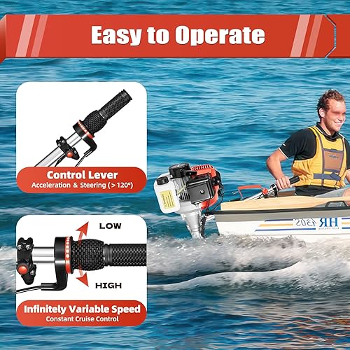 Miniatura 6 de Motor fuera de borda Motor de lancha de 2 tiempos 2.3 HP, 1.7KW Motor de barco marino de 52 CC con sistema de refrigeración por aire, motor de barco