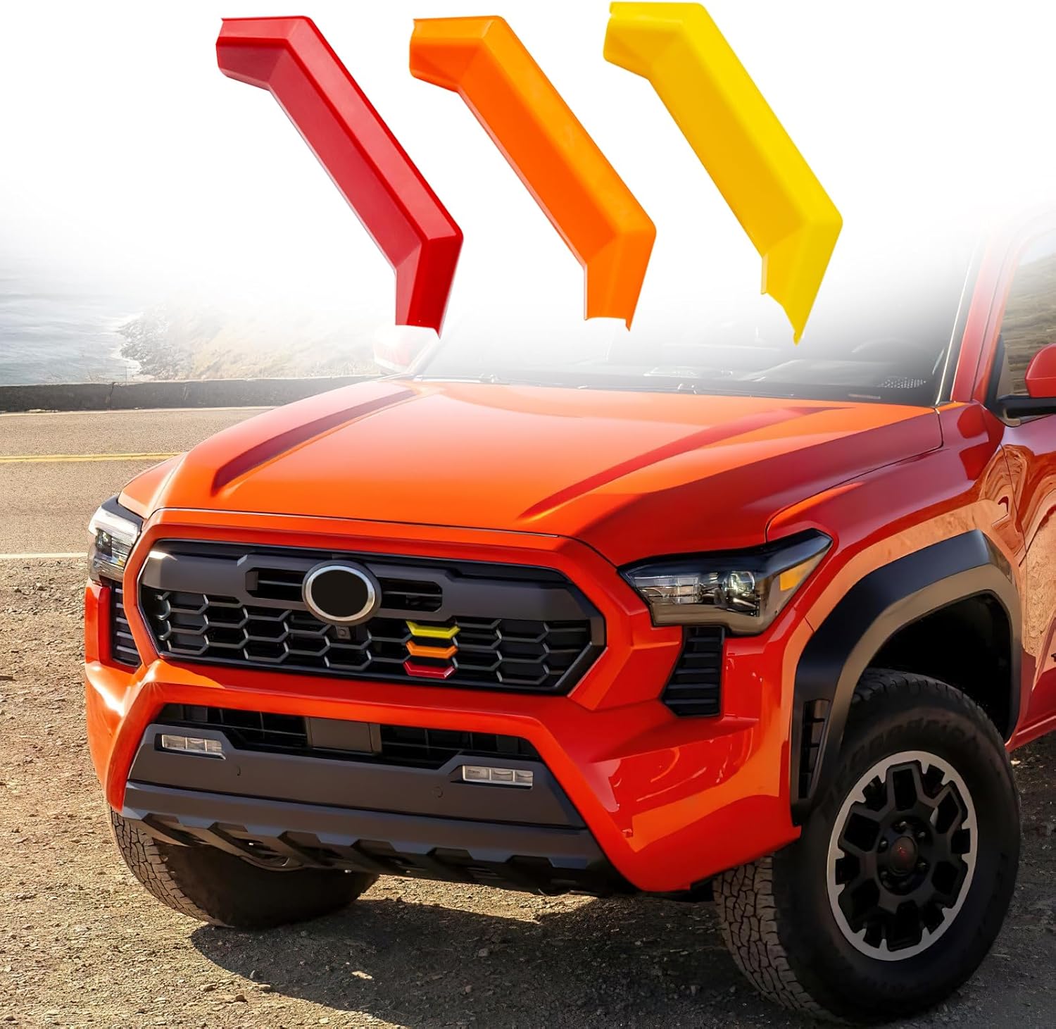 Upgrade Grille Decor Badge Emblem Compatible with 2024 2025 2026 Toyota Tacoma Accessories TRD Off-Road/PreRunner/Sport Tri-Color Front Grille Insert Trims (Yellow/Orange/Red)