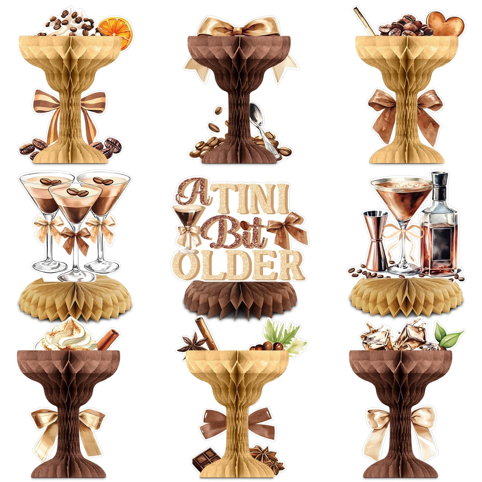 Fenyluxe 9 Pcs A Tini Bit Older Birthday Decorations 3D Martini Glass Shaped Honeycomb Table Centerpieces for Espresso Martini Themed Bachelorette Bridal Shower Tiny Bar Party Decorations