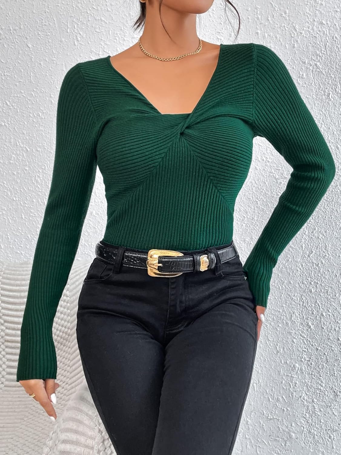 BEDAW Women's Sweater Twist Front Ribbed Knit Sweater Sweater for Women (Color : Dark Green, Size : Small)