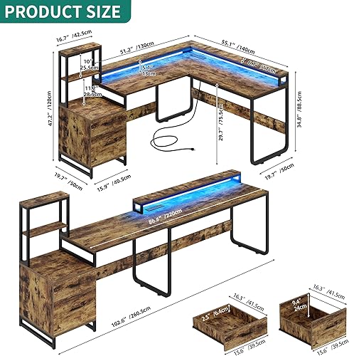Miniatura 2 de DWVO Escritorio en forma de L con cajones y gabinete, escritorio reversible para computadora con tomas de corriente y luces LED, escritorio de