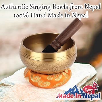 Tibetan Singing Bowls Set 100% Hand-hammered in Nepal with Silk Cushion and Mallet Meditation Yoga Chakra Christmas Xmas Gifts Gifts for Women, Men(9.5 x 5 cm)