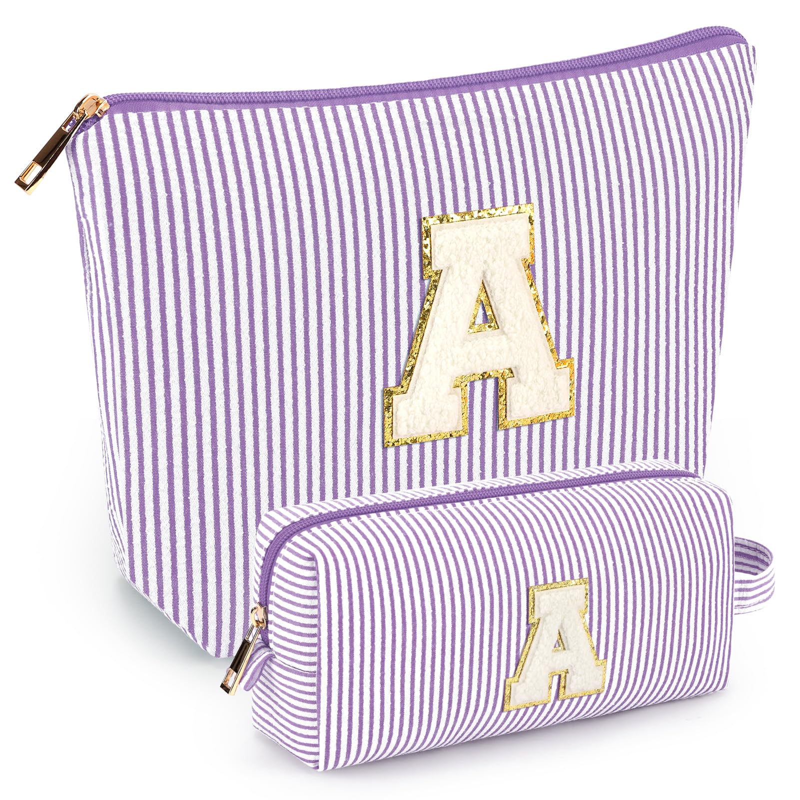 2 PCS Initial Makeup Bags for Women: Cosmetic Bag for Travel Toiletry - Birthday Gifts for 11 12 13 14 15 16 17 18 Years Old Girl Graduation Teacher Gift- Teen Girl Gifts Trendy Stuff - Purple A