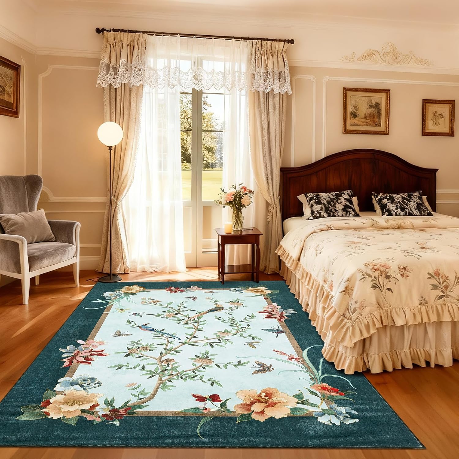 GarveeHome 6x9 Area Rugs Chinoiserie-Style Washable Rug 6x9 Oriental Colorful Butterfly Birds Floral Rug Non Slip Low Pile for Kids Living Room Bedroom Nursery Dining, Blue
