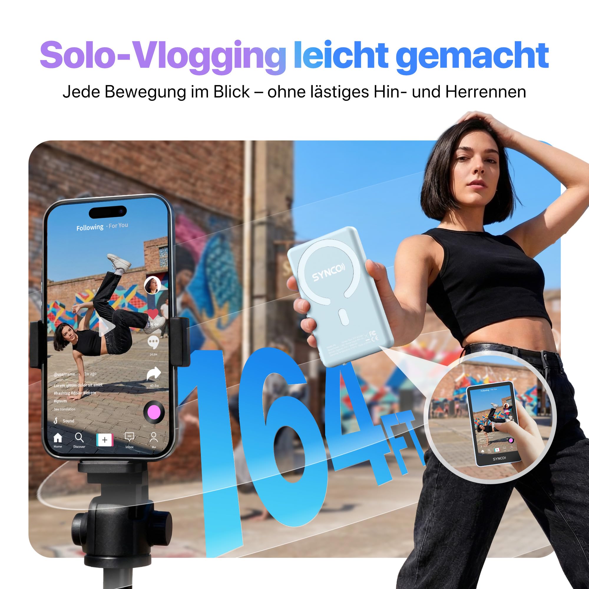 SYNCO XView Monitor Selfie Touchscreen per iPhone 7-17(Blu) | Wireless 50m, Batteria 3H, Supporto 4K/1080p, P2P Diretto, Selfie con Fotocamera Posteriore per Vlog, TikTok & YouTube