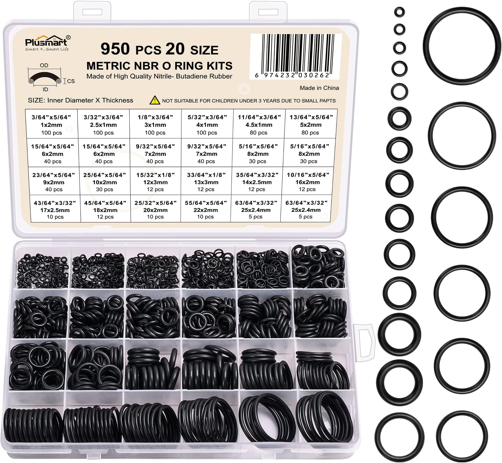 O Ring Kit, 950 Pcs Rubber O-Ring Assortment Kit, Plusmart 20 Sizes Washer Gasket Set for Pressure Washer, Plumbing Sealing Repair, Air or Gas Connections, Resist Oil and Heat