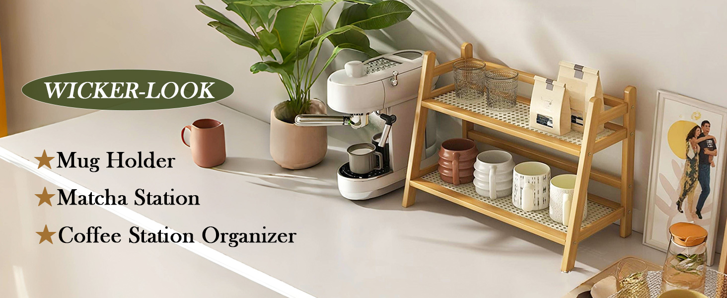 IBUYKE Rustieke koffiemok houder standaard, 2 Tier aanrecht mok boomhouder rek met opbergbasis, vintage mokhouders voor keuken, houdt 8 mokken, zwart TBJ002B