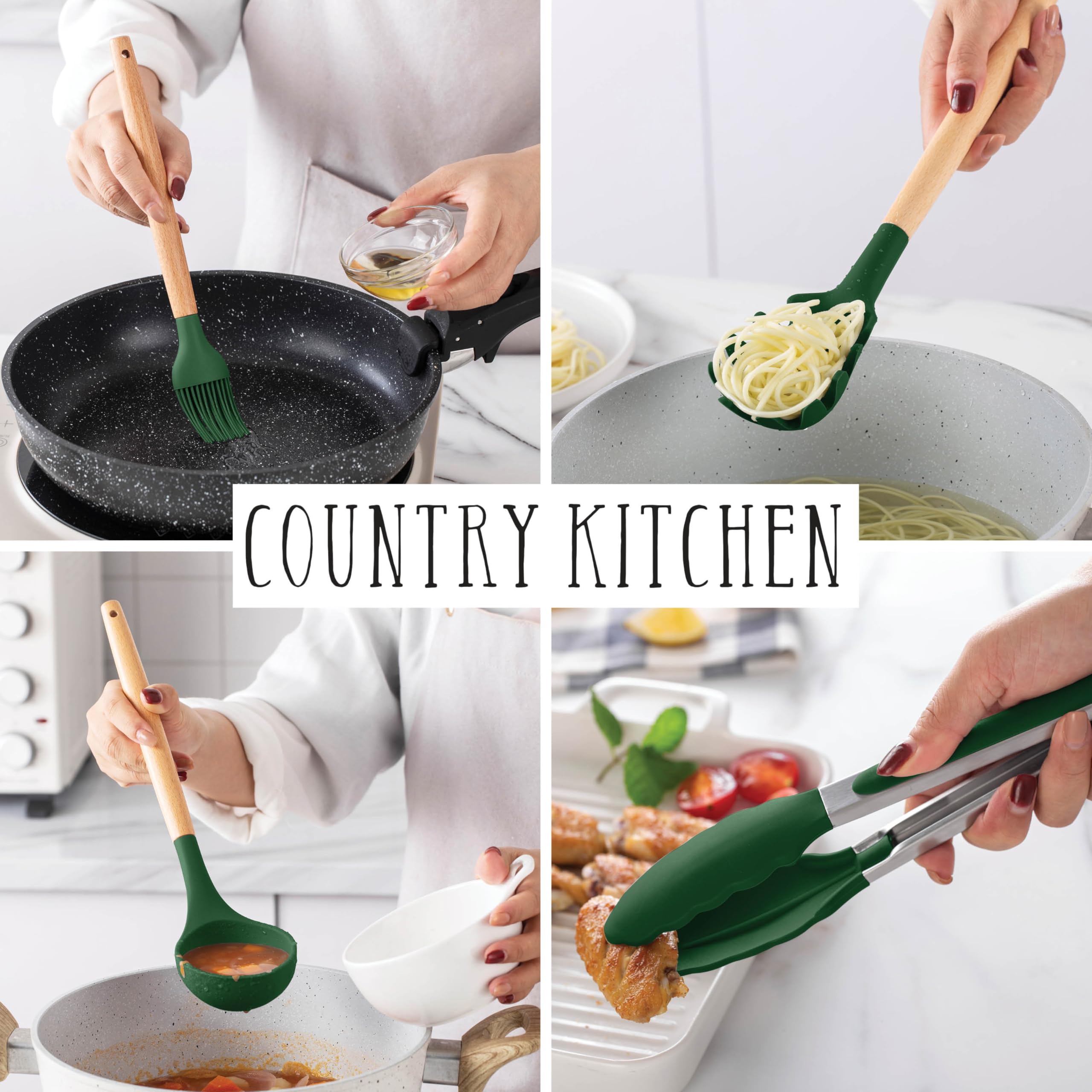 Country Kitchen Antihaft-Silikon-Utensilien-Set mit abgerundeten Holzgriffen zum Kochen und Backen, 14-teiliges Set, Grün