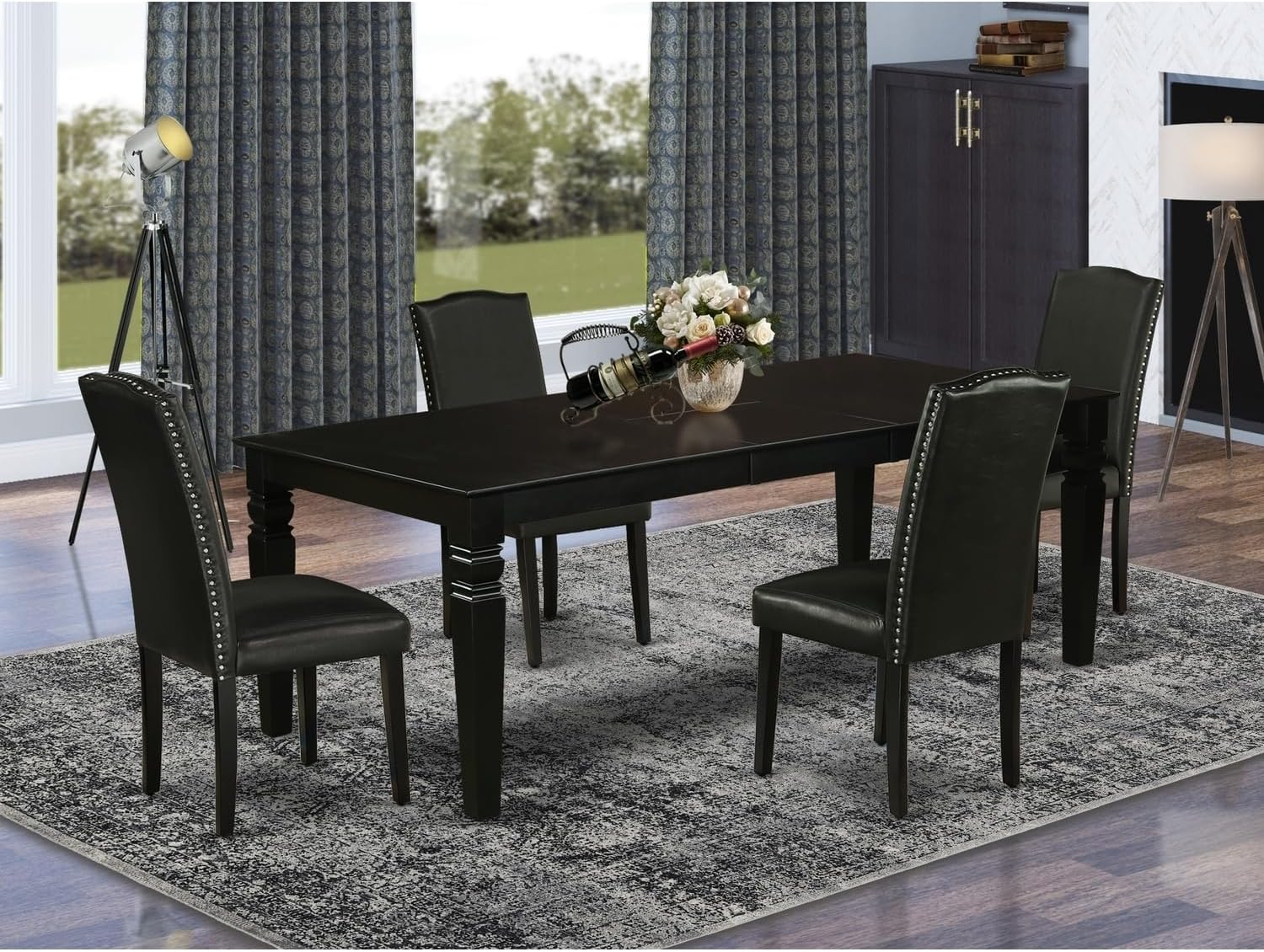 HomeStock Rectangular Dining Set 5Pc Table W/Leaf & 4 Parsons Chairs - Black PU Leather Finish
