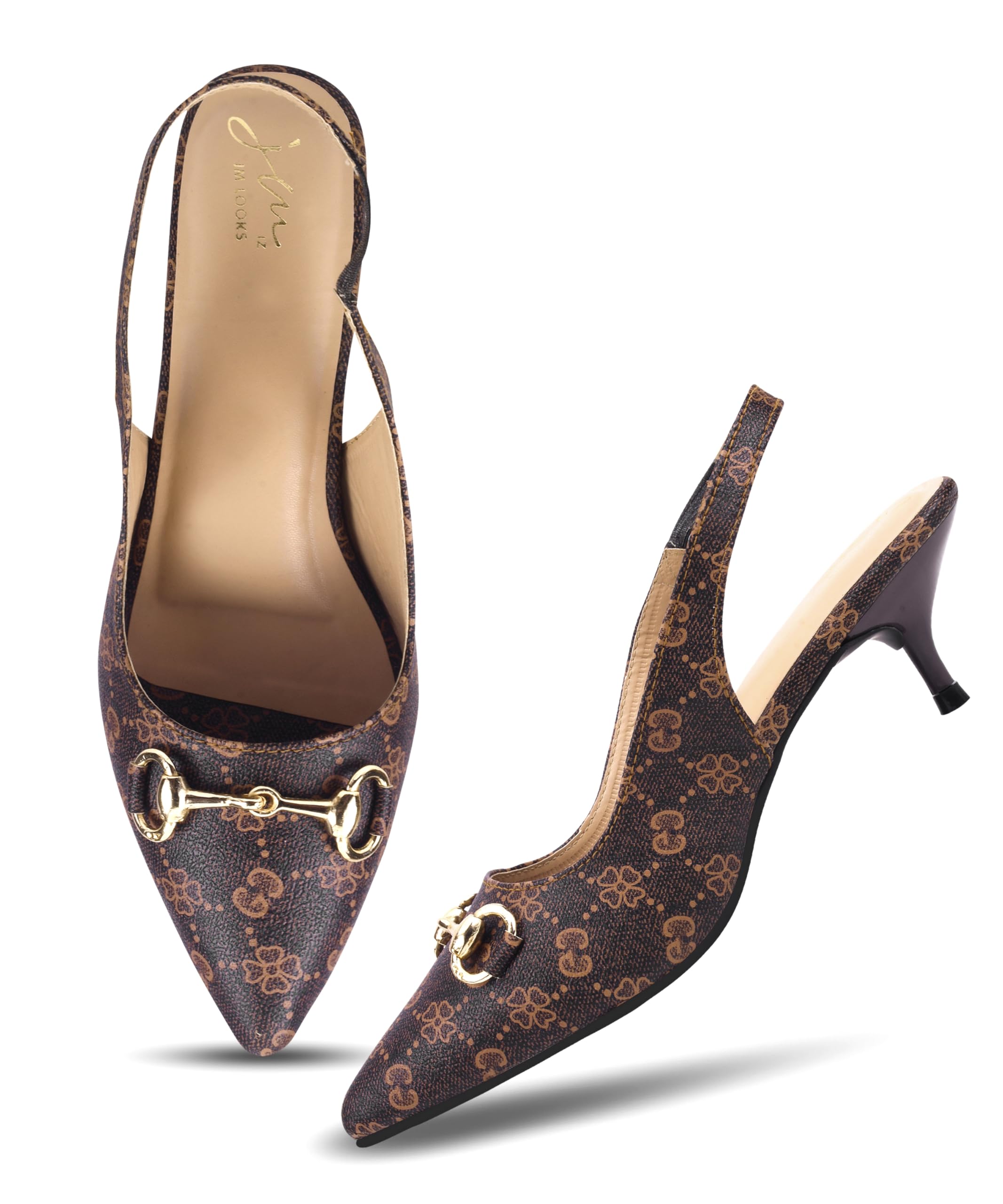 Women’s Kitten Heel Slingback Sandal | Pointed Toe Printed Heels with Metal Buckle Detail-image-21
