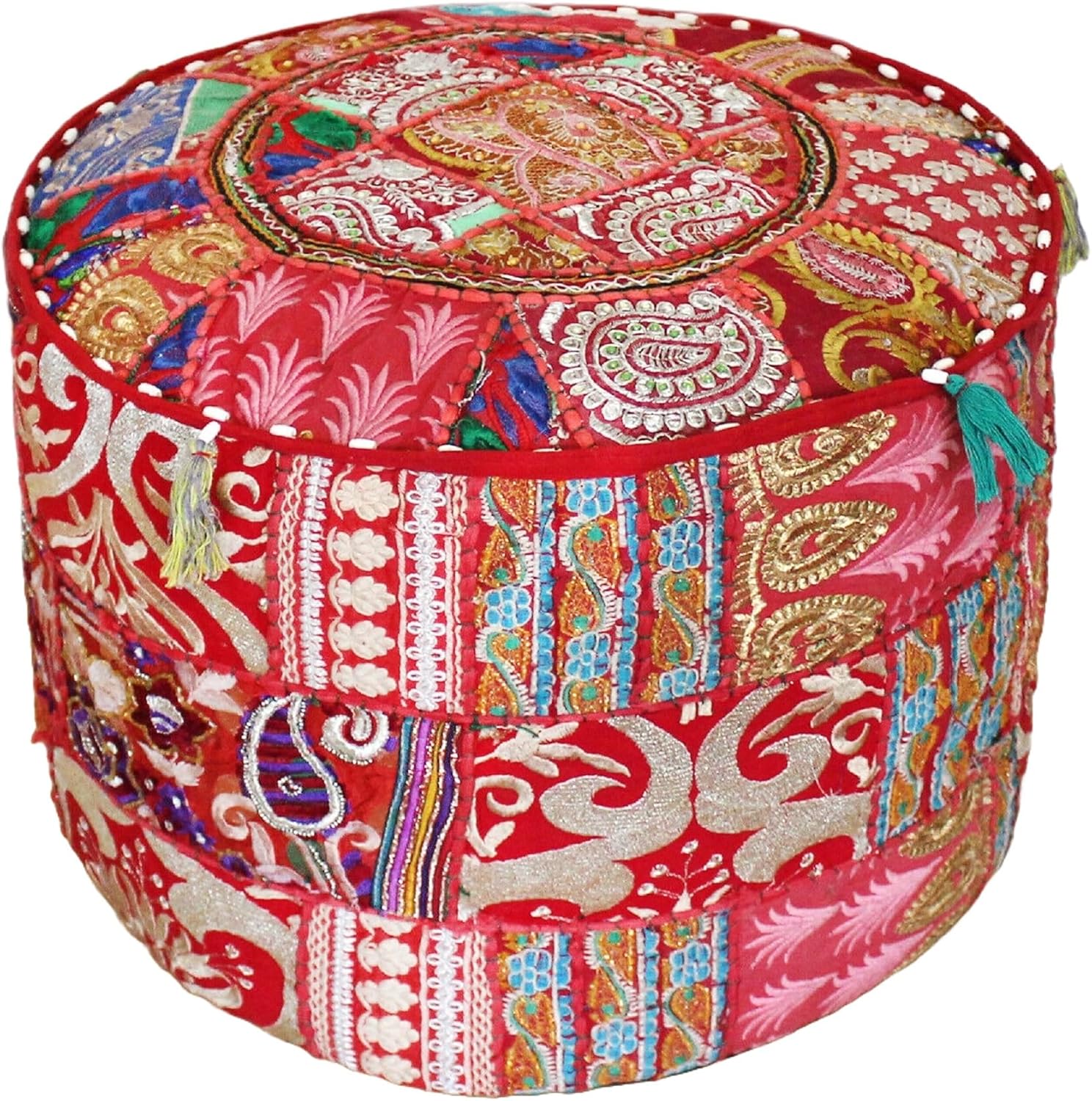 Vintage Patchwork 22" inch Round Ethnic Pouf Cover Ottoman Stylish Footstool Embroidered Mudda Cover (Red)